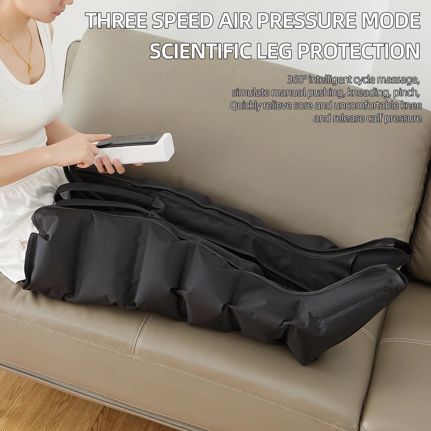 Air Compression Leg Massage 
6 Airbag Pneumatic Boots 
Used for Circulation and Leg Muscle Relaxation
Helps to treat Varicose Veins